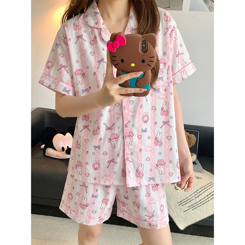 Summer Cloud Cotton Homewear Women Short Sleeve Shorts 2 Pcs Breathable Comfort Wholesale