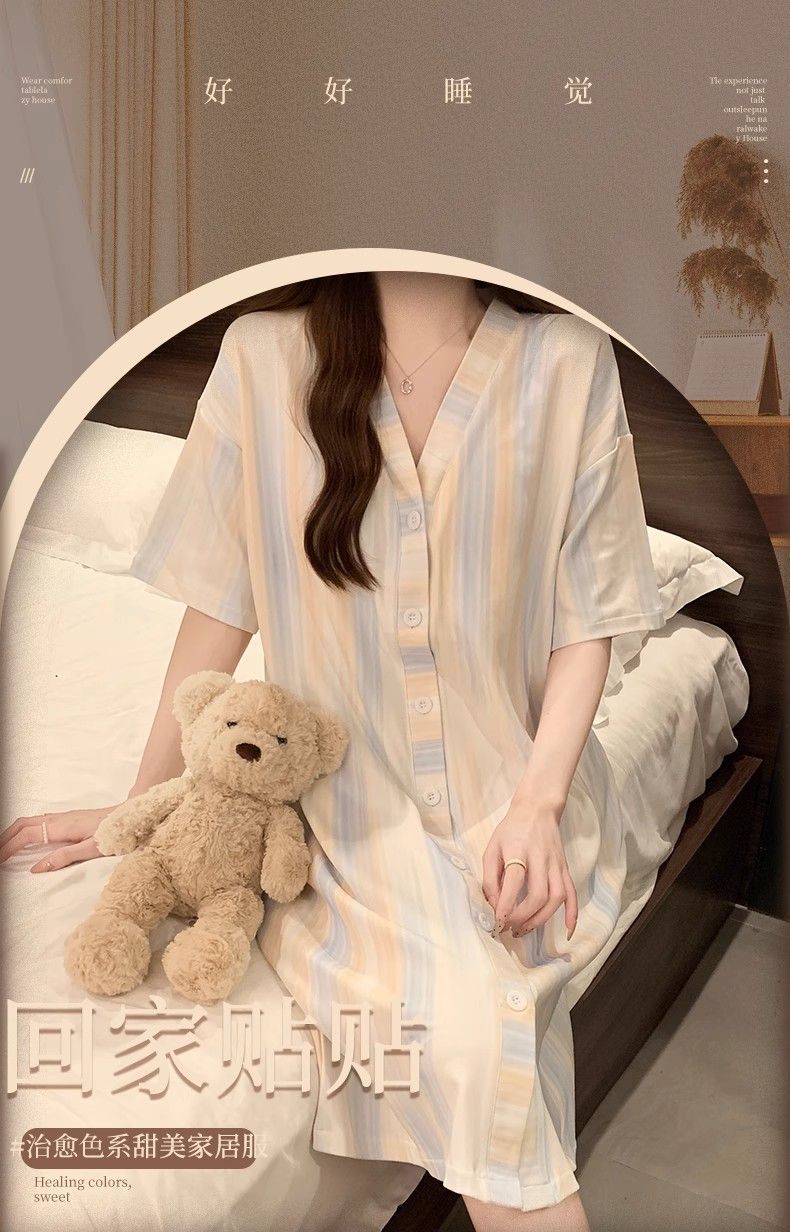 Summer Cotton With Pads Cardigan Nightgown Women Loose Slim Breathable photo 7 (style 601315)