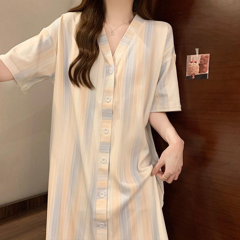Summer Cotton With Pads Cardigan Nightgown Women Loose Slim Breathable photo 1 (style 601315)