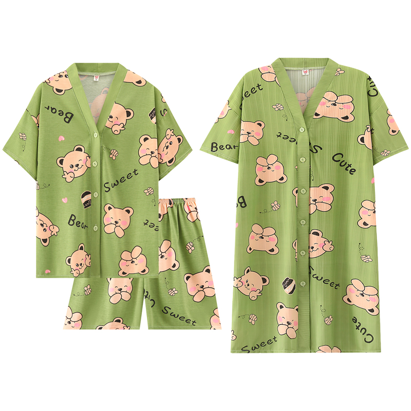 Summer Cotton Cardigan Homewear Women Short Sleeve Shorts 2 Pcs Breath photo 1 (style 7)