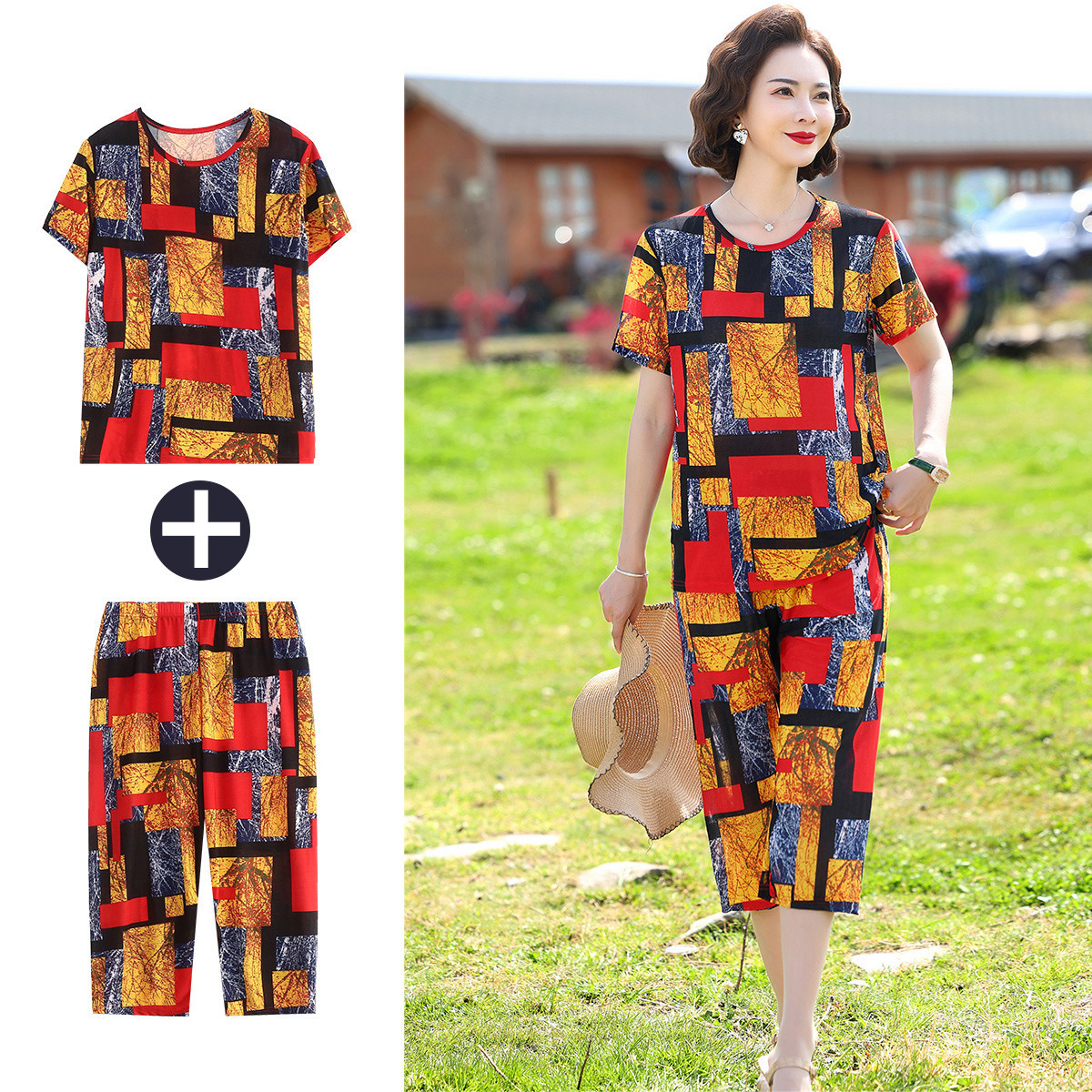 Factory Stock Middle-Aged Mom Summer Set 2-Piece Set Middle-Aged Women Set Women's Set