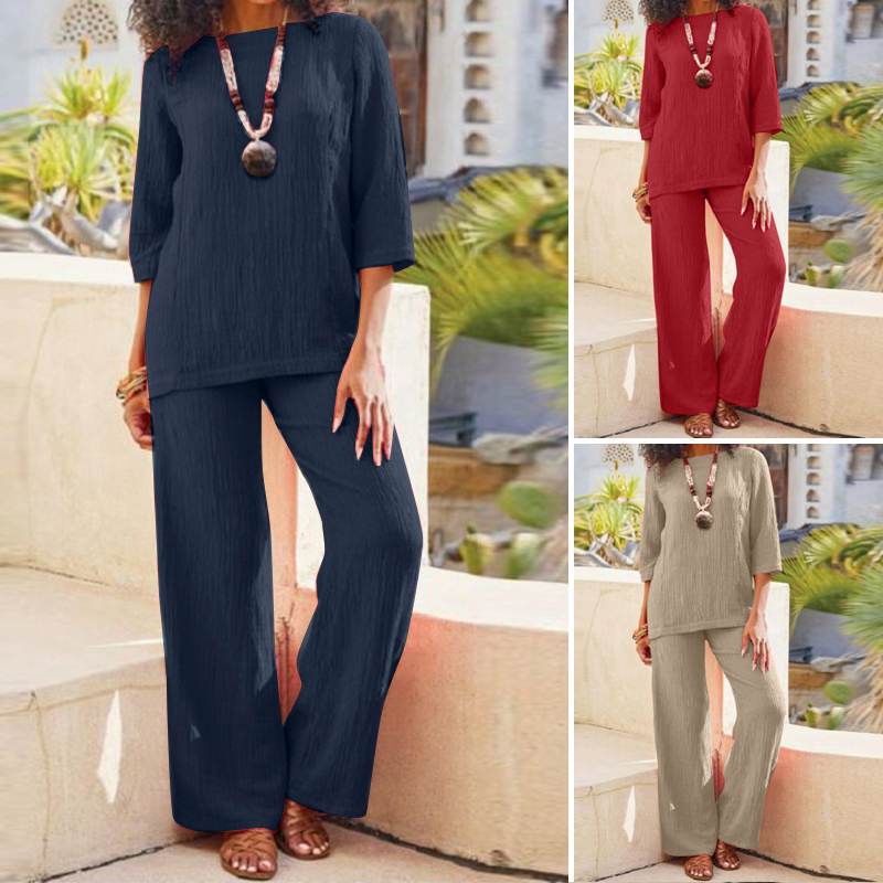 2026 Cross-border Plus Size Women Solid Chinese Retro Pants Set Cotton photo 1 (style 713122492761)