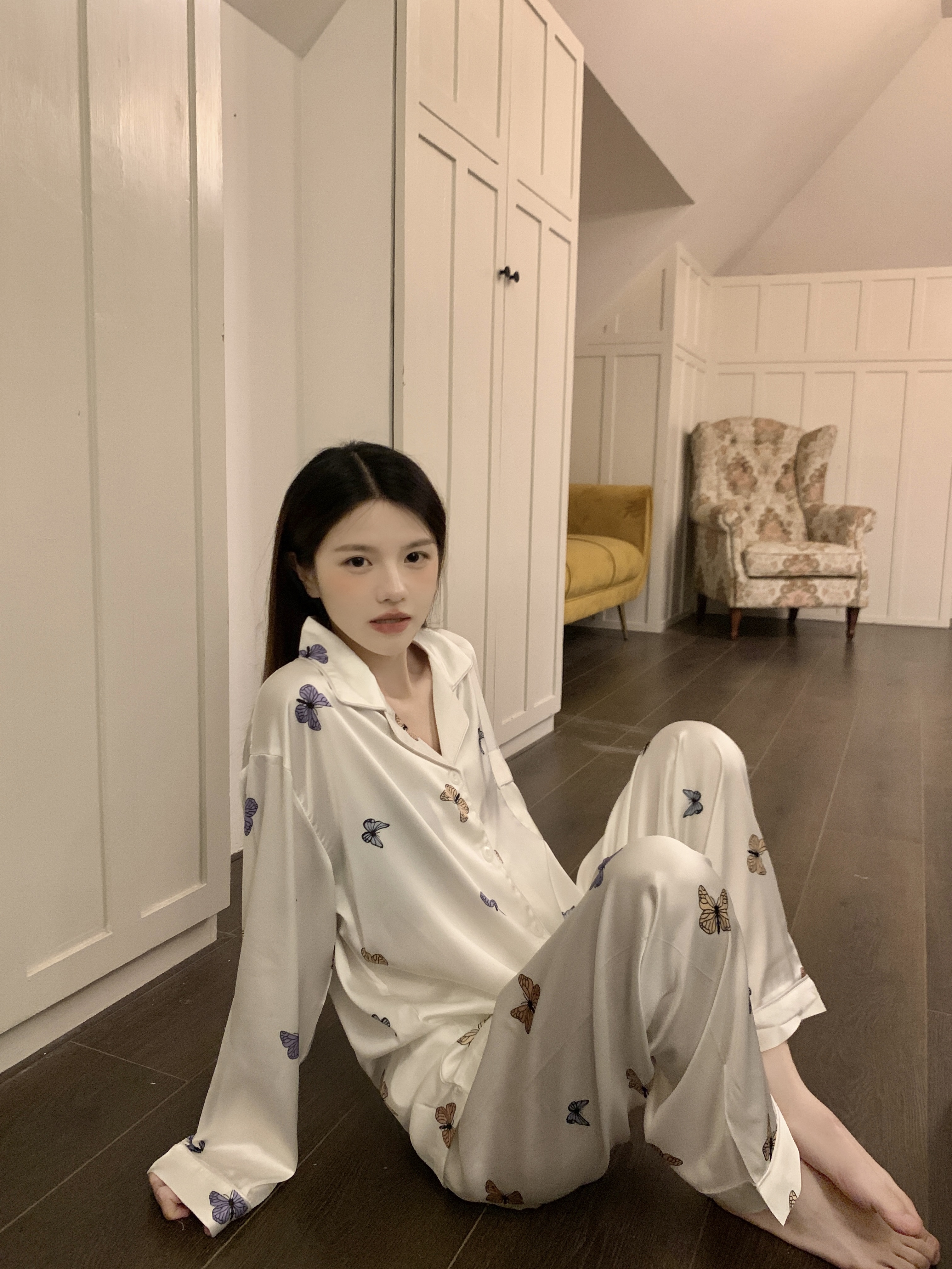 Summer Ice Silk Long Sleeve Homewear Women Short Sleeve Shorts 2 Pcs B photo 2 (style 713236)
