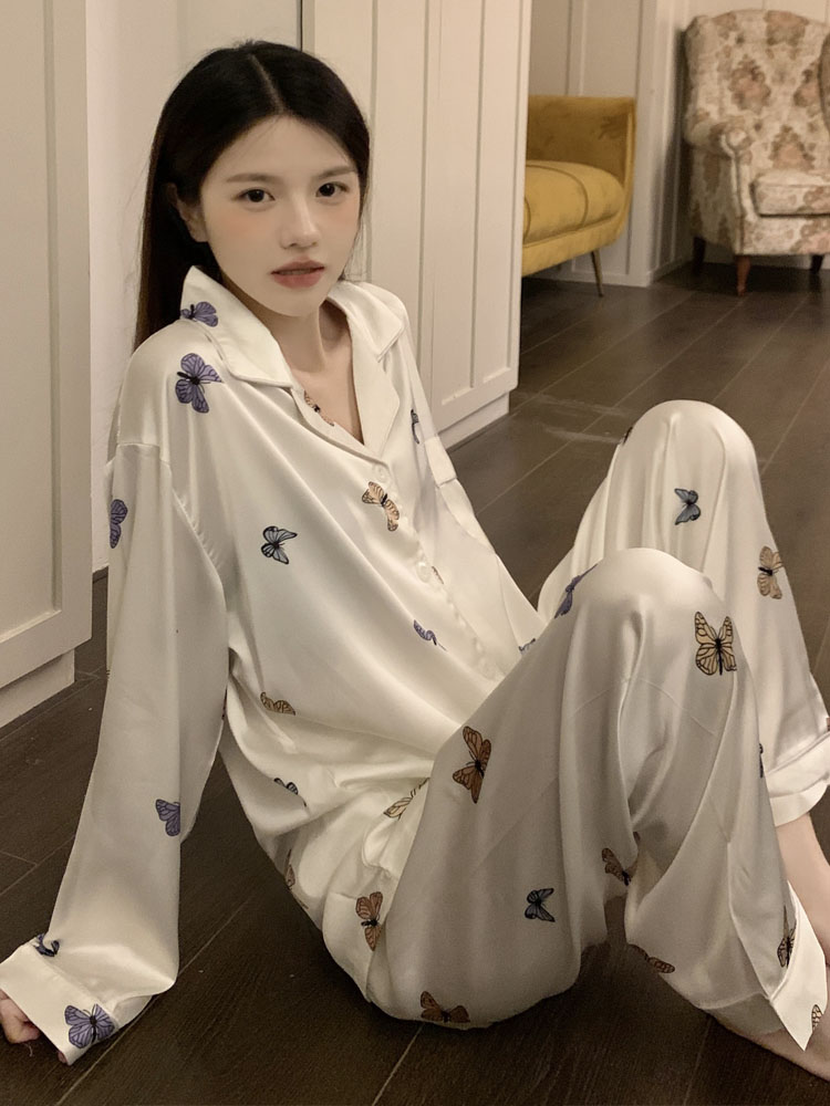 Summer Ice Silk Long Sleeve Homewear Women Short Sleeve Shorts 2 Pcs B photo 6 (style 713236)