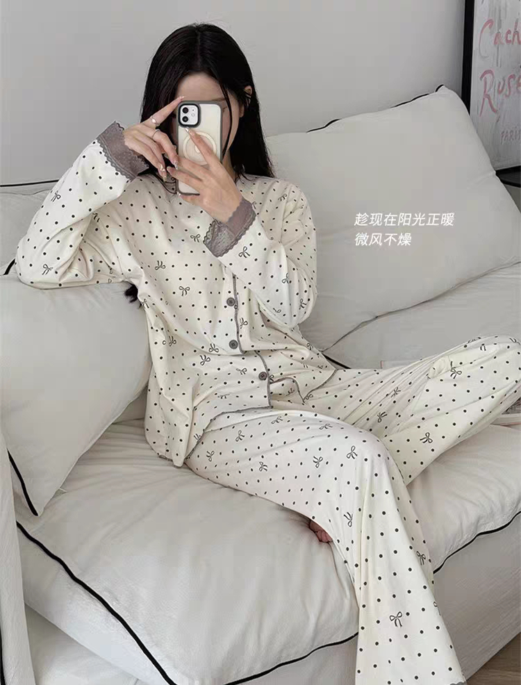 Summer Cotton Lace Polka Homewear Women Short Sleeve Shorts 2 Pcs Brea photo 1 (style 717335)