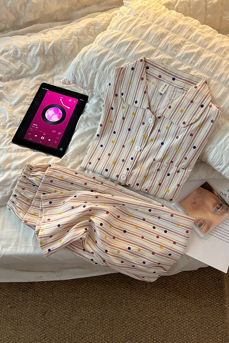 Women's Summer Cotton Polka Dot Two-Piece Loungewear Set - Short Sleev photo 2 (style SM-8A6872)