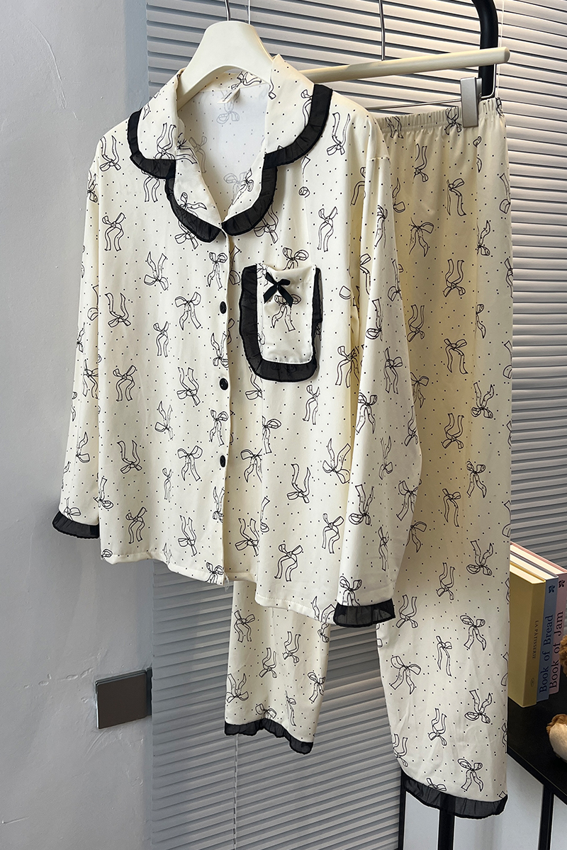 Summer Cotton-Like Bowknot Homewear Women Short Sleeve Shorts 2 Pcs Br photo 1 (style 7193262)