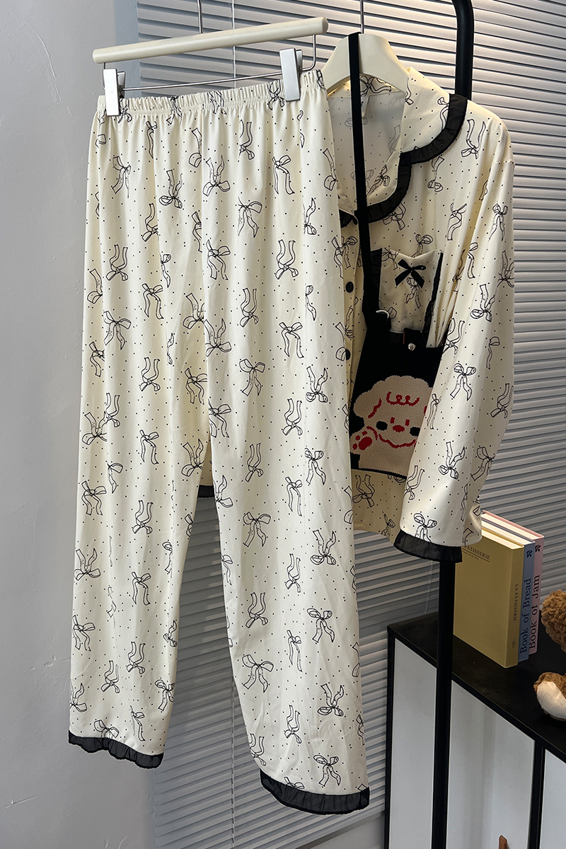 Summer Cotton-Like Bowknot Homewear Women Short Sleeve Shorts 2 Pcs Br photo 3 (style 7193262)