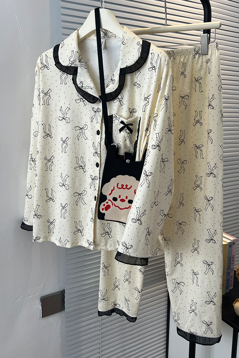 Summer Cotton-Like Bowknot Homewear Women Short Sleeve Shorts 2 Pcs Br photo 4 (style 7193262)