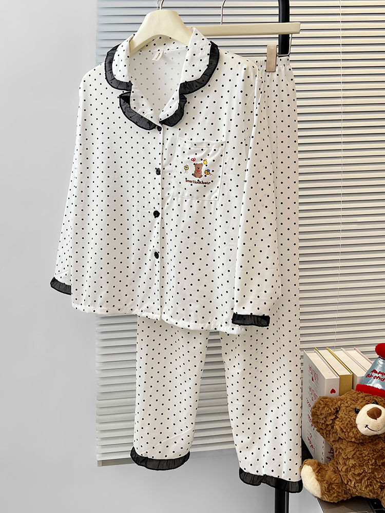 Summer Cotton-Like Lace Polka Homewear Women Short Sleeve Shorts 2 Pcs photo 2 (style 7212262)