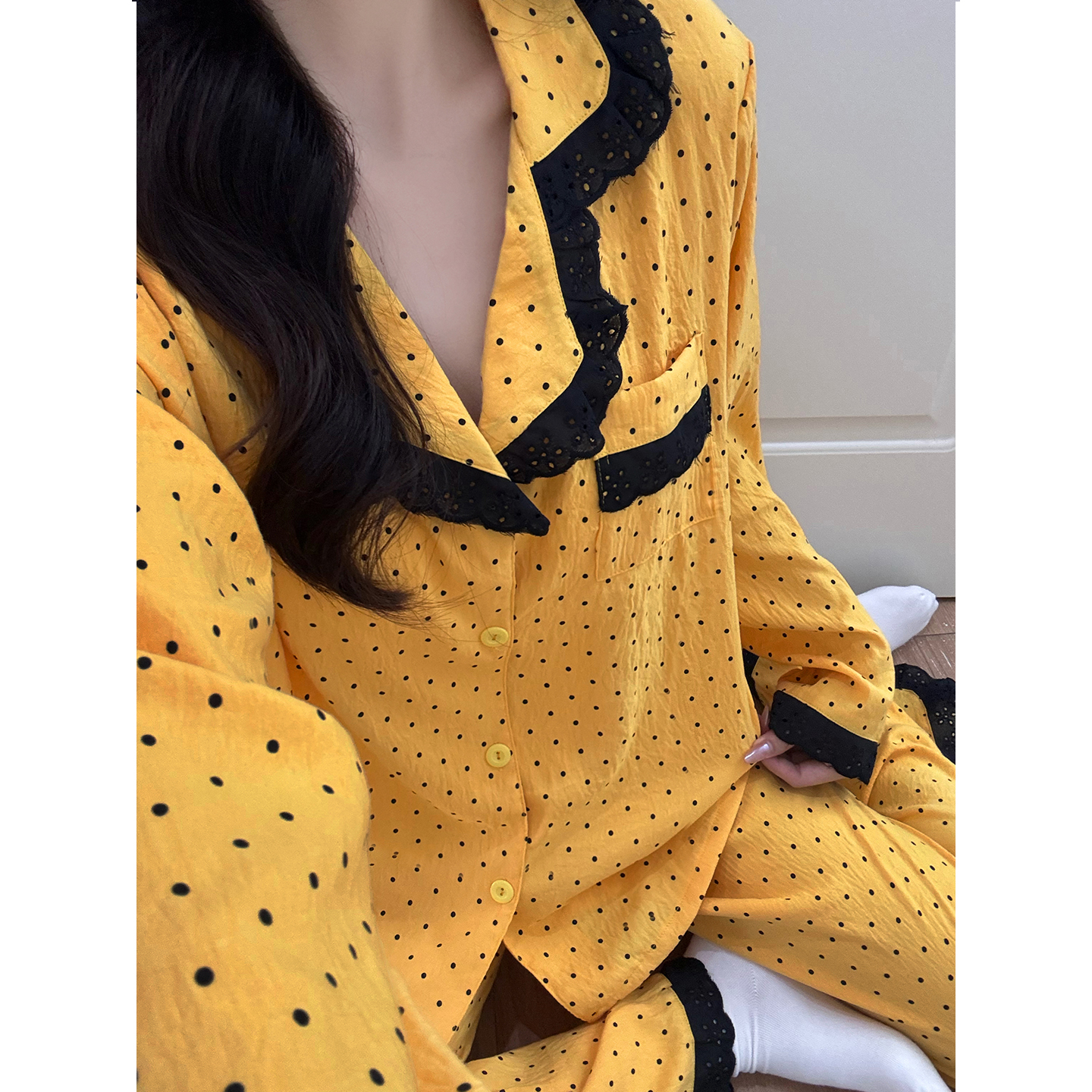Women's Summer Cloud Cotton Polka Dot Two-Piece Loungewear Set - Short photo 5 (style SM-EA6F6E)