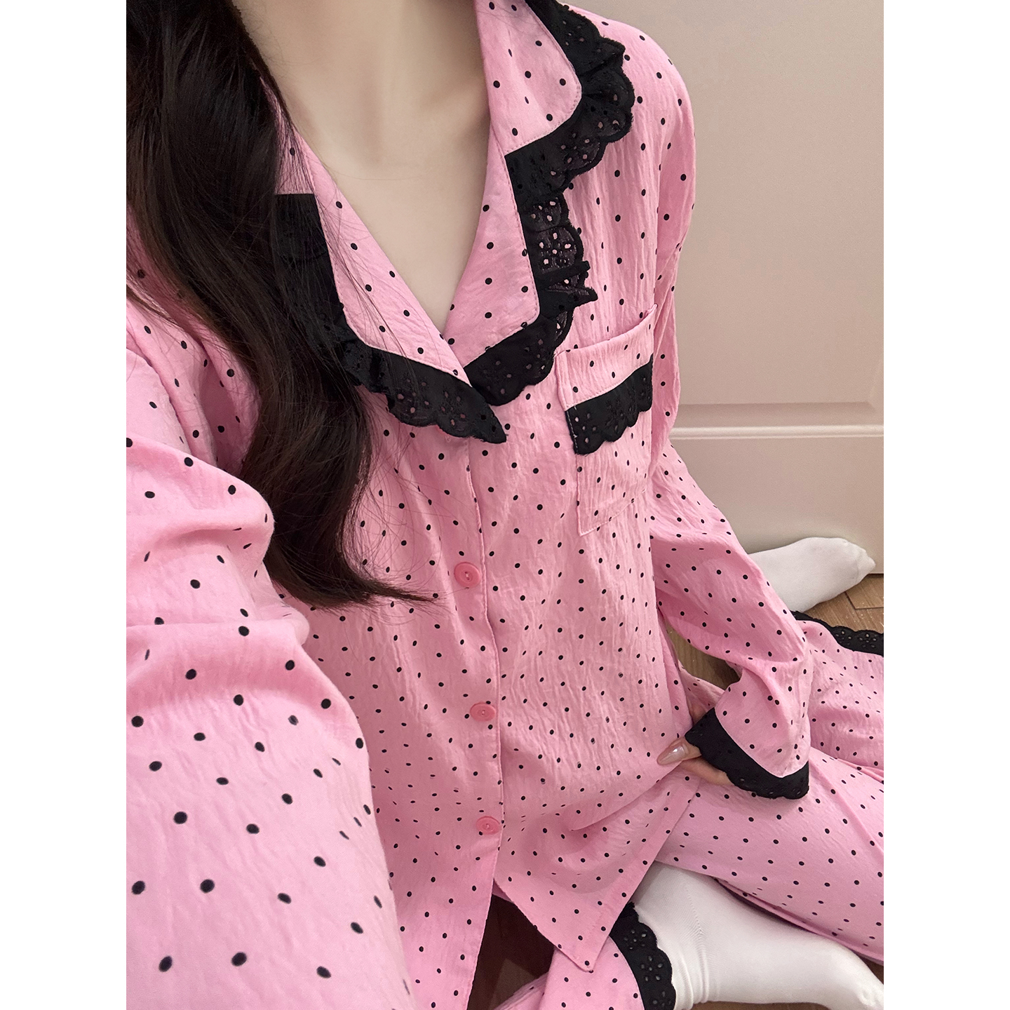 Summer Cloud Cotton No Pads Polka Homewear Women Short Sleeve Shorts 2 photo 2 (style 7246242)