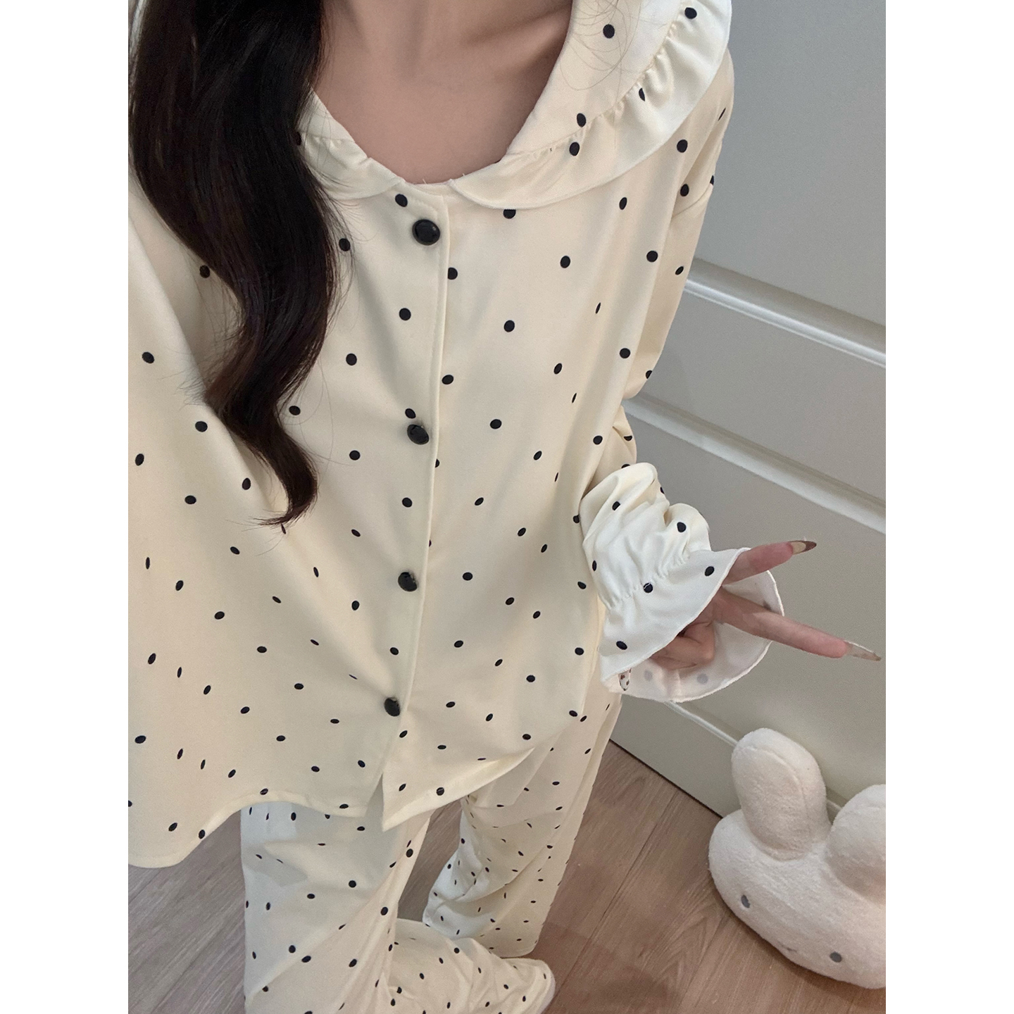 Women's Summer Cotton Polka Dot Two-Piece Loungewear Set - Short Sleev photo 7 (style SM-CCD311)