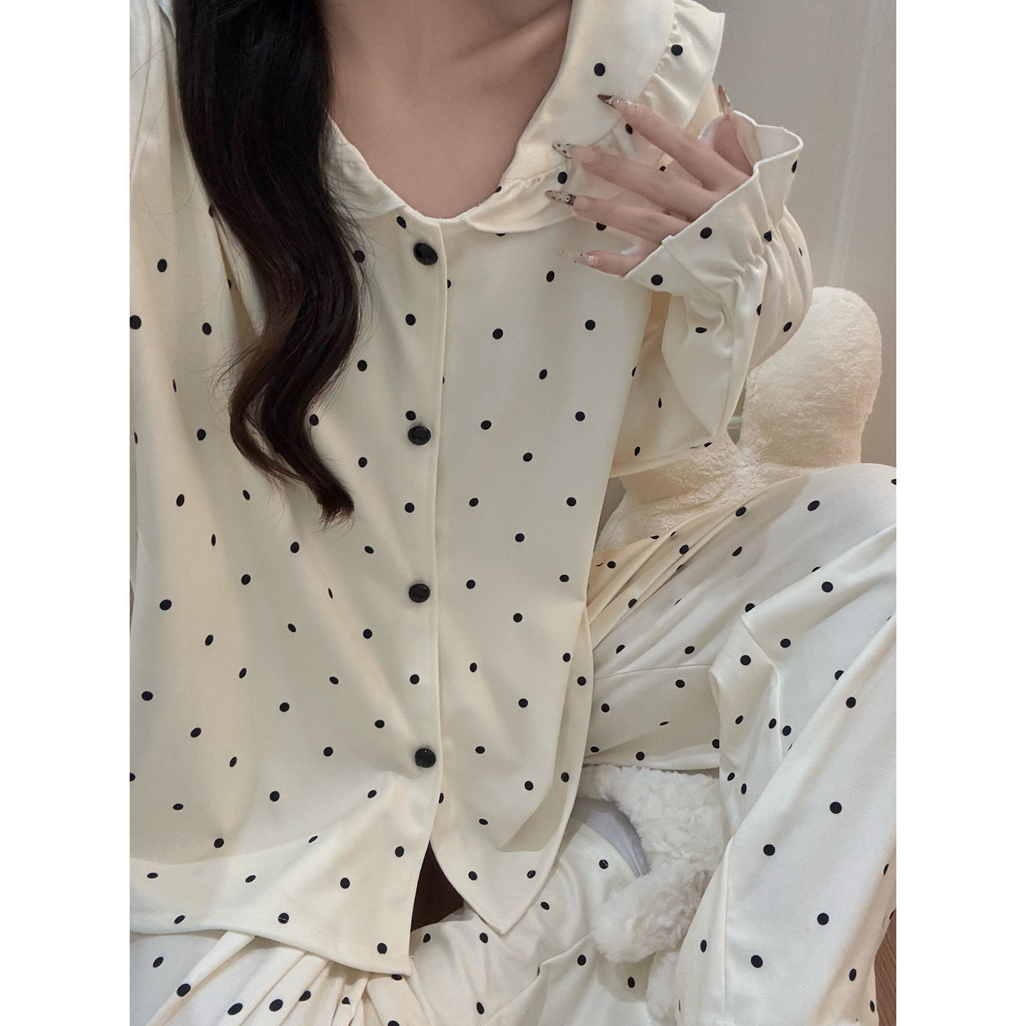 Summer Cotton Polka Homewear Women Short Sleeve Shorts 2 Pcs Breathabl photo 6 (style 7264262)