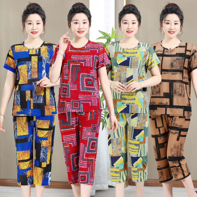Moms Pajamas Elderly Summer Plus Size Women Short Sleeve T-Shirt Set G photo 1 (style 776535788115)
