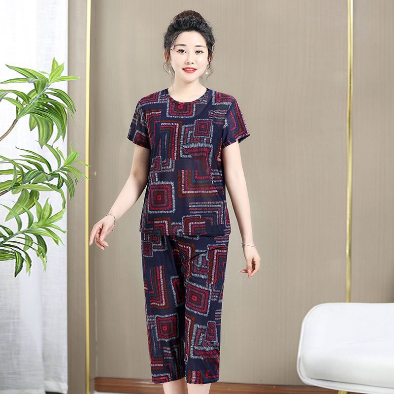 Moms Pajamas Elderly Summer Plus Size Women Short Sleeve T-Shirt Set G photo 2 (style 776535788115)