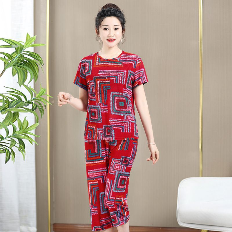Moms Pajamas Elderly Summer Plus Size Women Short Sleeve T-Shirt Set G photo 3 (style 776535788115)