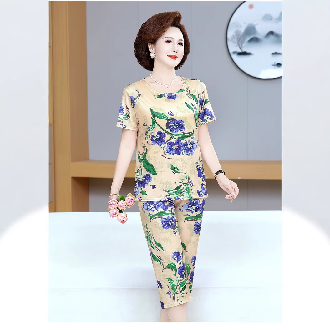 Moms Pajamas Elderly Summer Plus Size Women Short Sleeve T-Shirt Set G photo 4 (style 776535788115)