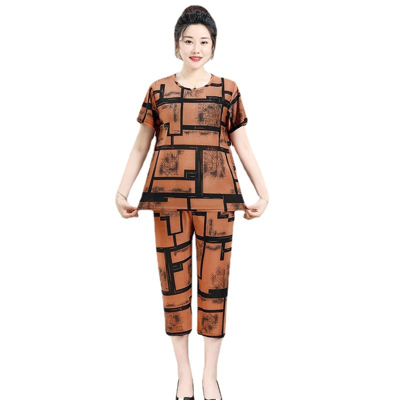Moms Pajamas Elderly Summer Plus Size Women Short Sleeve T-Shirt Set G photo 5 (style 776535788115)