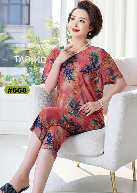 Moms Pajamas Elderly Summer Plus Size Women Short Sleeve T-Shirt Set G photo 6 (style 776535788115)
