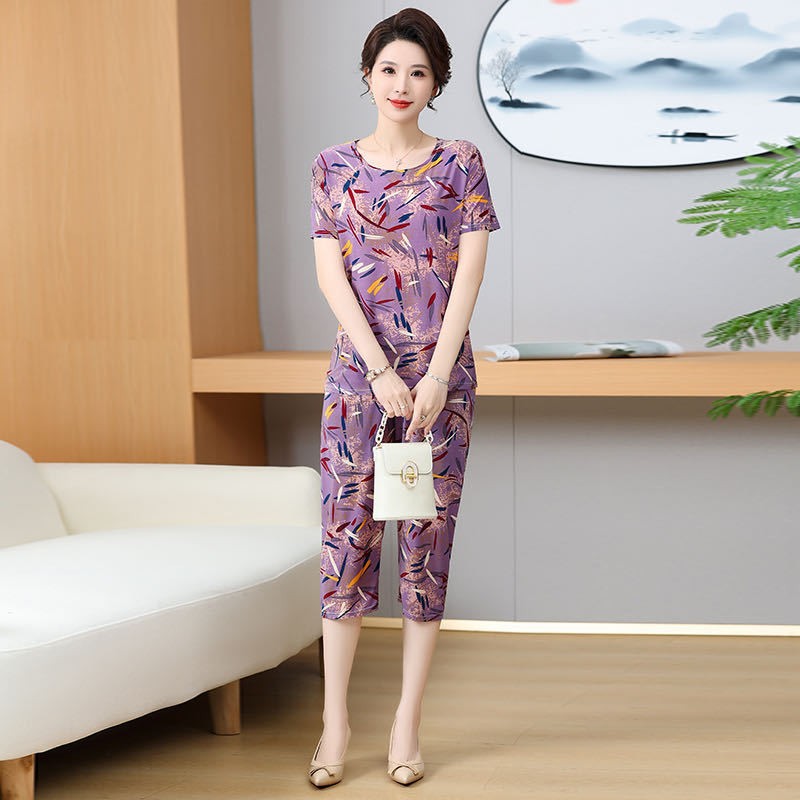 Moms Pajamas Elderly Summer Plus Size Women Short Sleeve T-Shirt Set G photo 7 (style 776535788115)