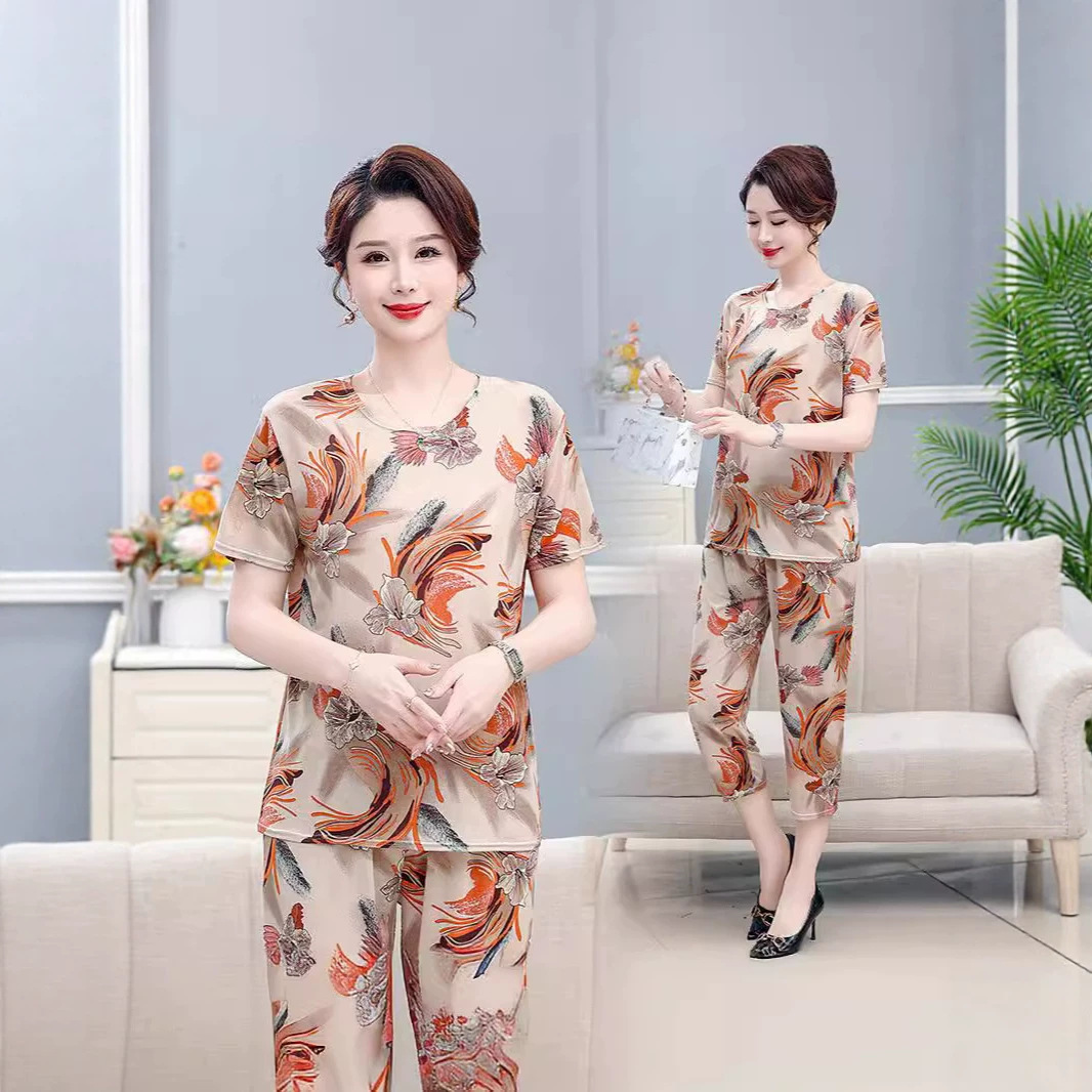 夏季中老年妈妈装冰丝女装老人衣服奶奶大码套装女士家居服可外穿