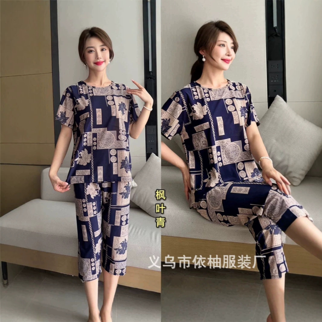 Summer Middle Aged Women Ice Silk Plus Size Set Elderly Homewear Outdo photo 2 (style 785188339453)