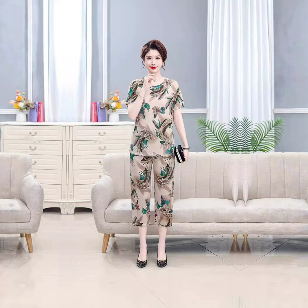 Summer Middle Aged Women Ice Silk Plus Size Set Elderly Homewear Outdo photo 3 (style 785188339453)