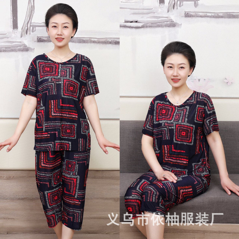 Summer Middle Aged Women Ice Silk Plus Size Set Elderly Homewear Outdo photo 6 (style 785188339453)