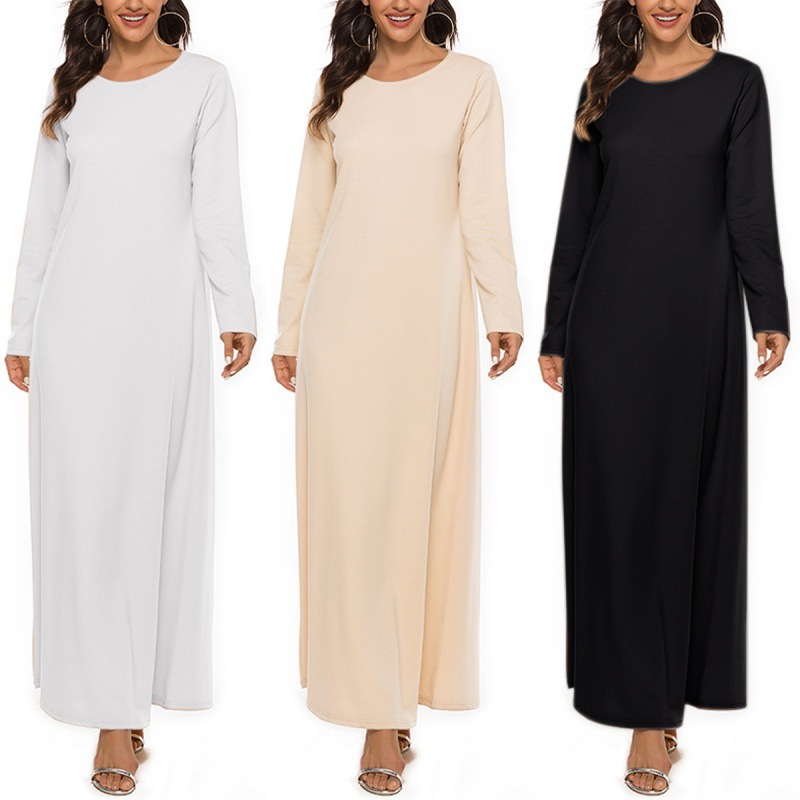Europe 2024 Women's New Casual Fashion Simple Solid Round Neck Long Robe Dress
