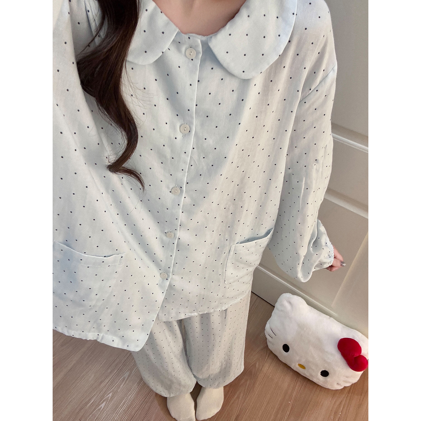 Summer Cloud Cotton Polka Homewear Women Short Sleeve Shorts 2 Pcs Bre photo 2 (style 7891232)