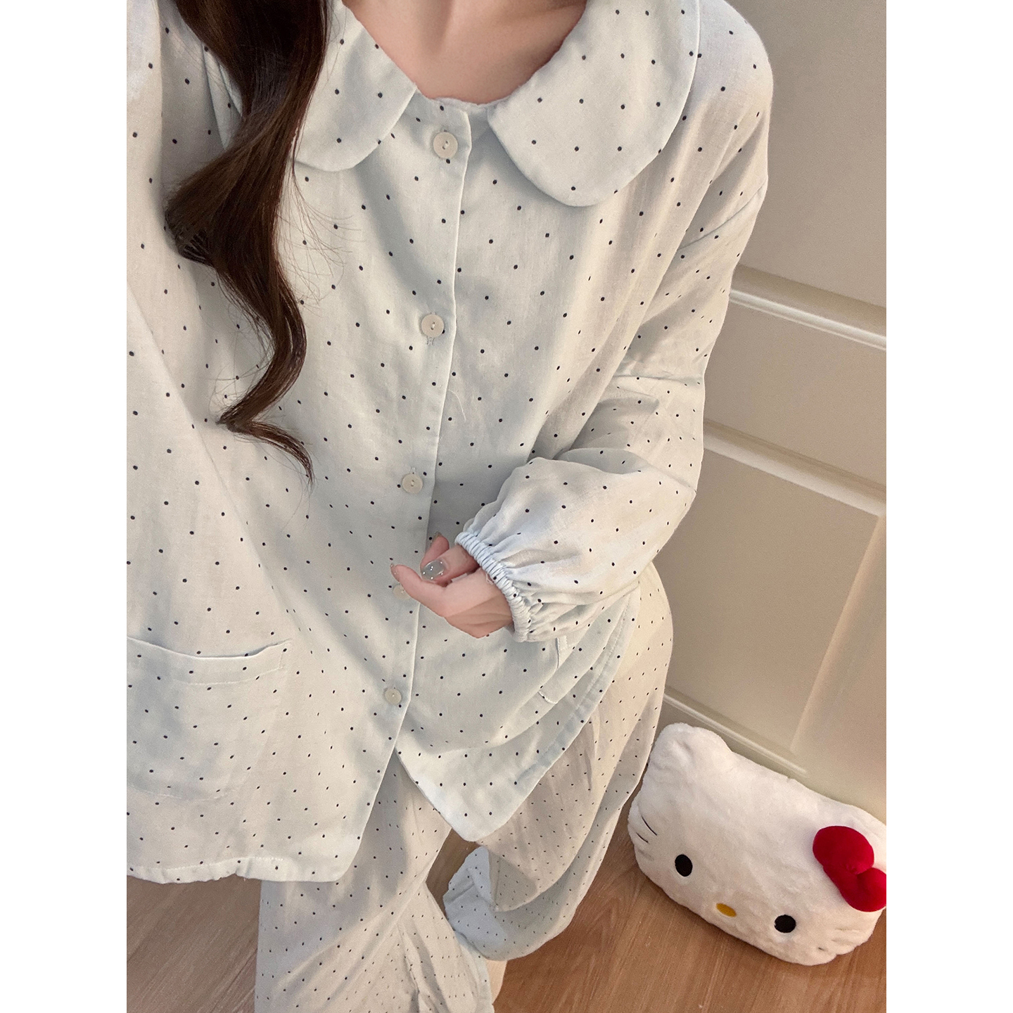 Summer Cloud Cotton Polka Homewear Women Short Sleeve Shorts 2 Pcs Bre photo 7 (style 7891232)