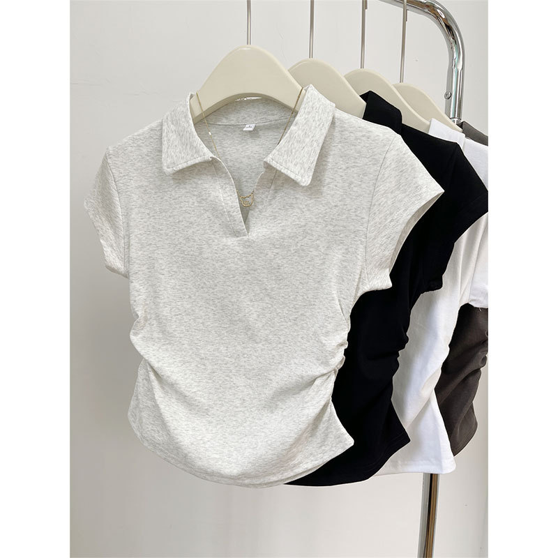Summer Cotton Slim Shoulder T-Shirt Women Short Design Irregular Pleat photo 1 (style 806790801387)