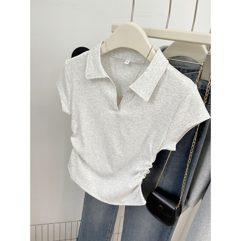 Summer Cotton Slim Shoulder T-Shirt Women Short Design Irregular Pleat photo 4 (style 806790801387)
