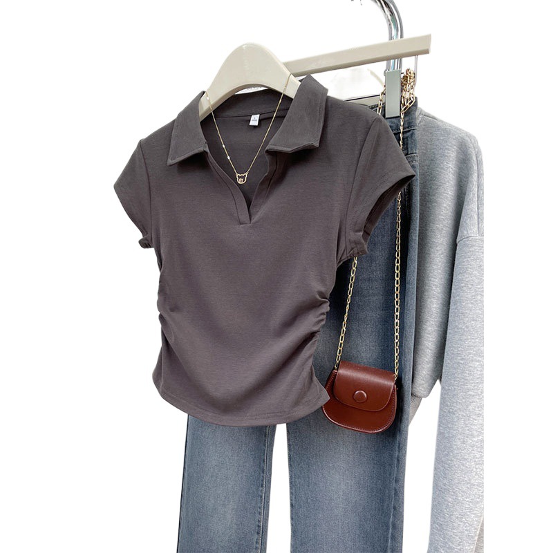 Summer Cotton Slim Shoulder T-Shirt Women Short Design Irregular Pleat photo 5 (style 806790801387)
