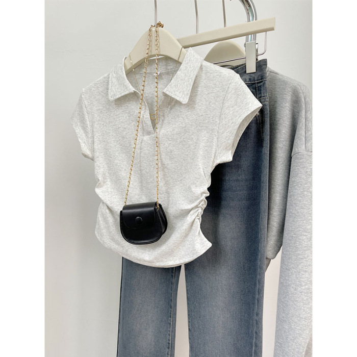 Summer Cotton Slim Shoulder T-Shirt Women Short Design Irregular Pleat photo 6 (style 806790801387)
