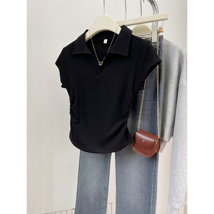 Summer Cotton Slim Shoulder T-Shirt Women Short Design Irregular Pleat photo 7 (style 806790801387)
