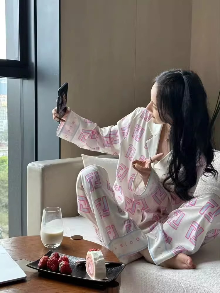 Women's Summer Pure Cotton Double Long Cardigan Pajama Set, Short Slee photo 2 (style SM-6FE184)