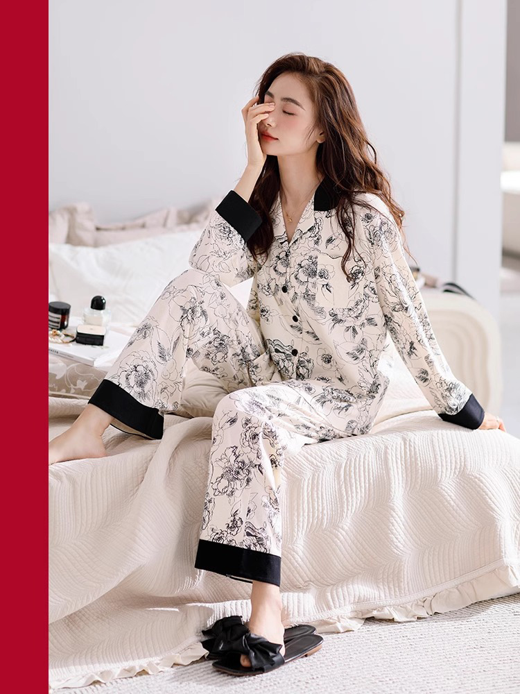 Women's Summer Pure Cotton Double Long Cardigan Pajama Set, Short Slee photo 7 (style SM-6FE184)