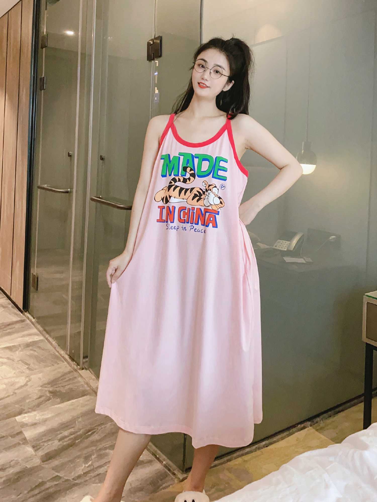 Women's Summer Pure Cotton Camisole Sleep Dress, Loose Fit, Breathable photo 4 (style SM-848BCB)