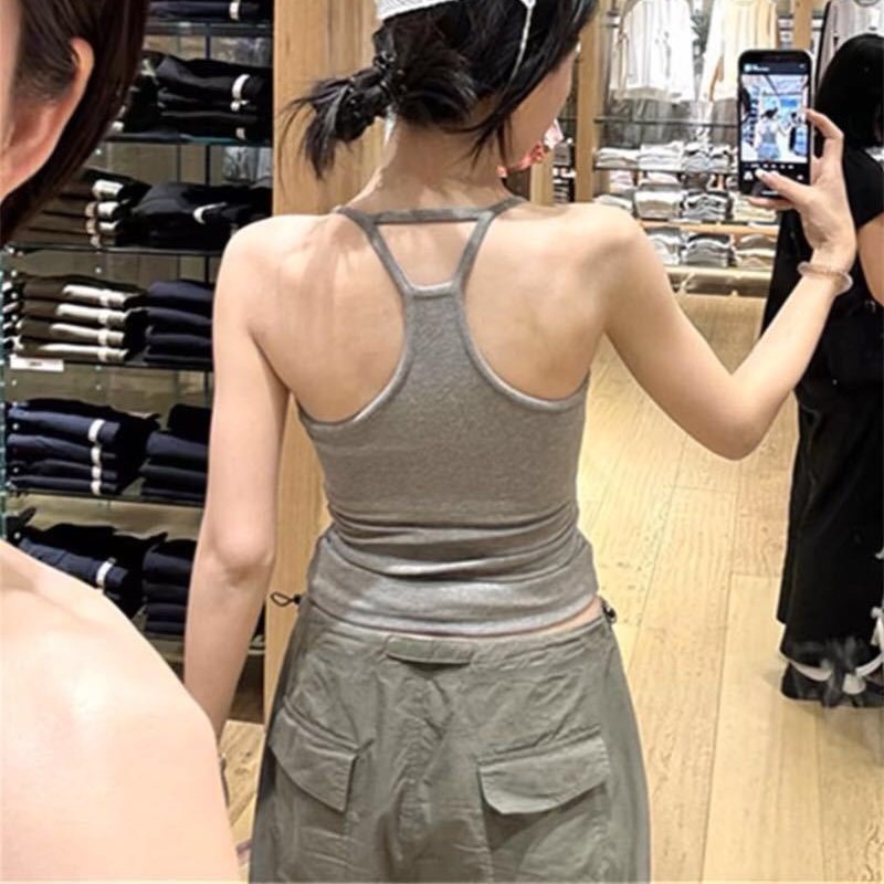 Grey Camisole Women Halter Neck Hide Armpit With Pads Sports Slim Back photo 2 (style 930803381343)