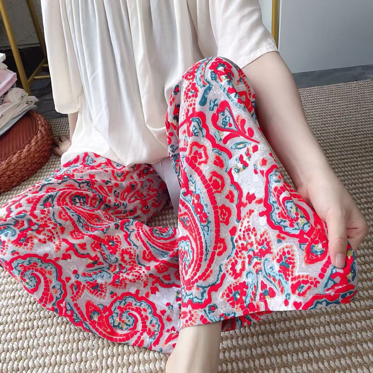 Cotton Poplin Printed Wide Leg Pants High Waist Thin Printed Pants Lon photo 2 (style 1688971390325314)