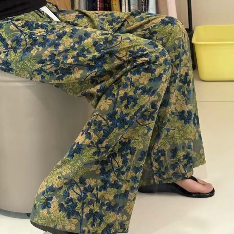 Cotton Poplin Printed Wide Leg Pants High Waist Thin Printed Pants Lon photo 4 (style 1688971390325314)