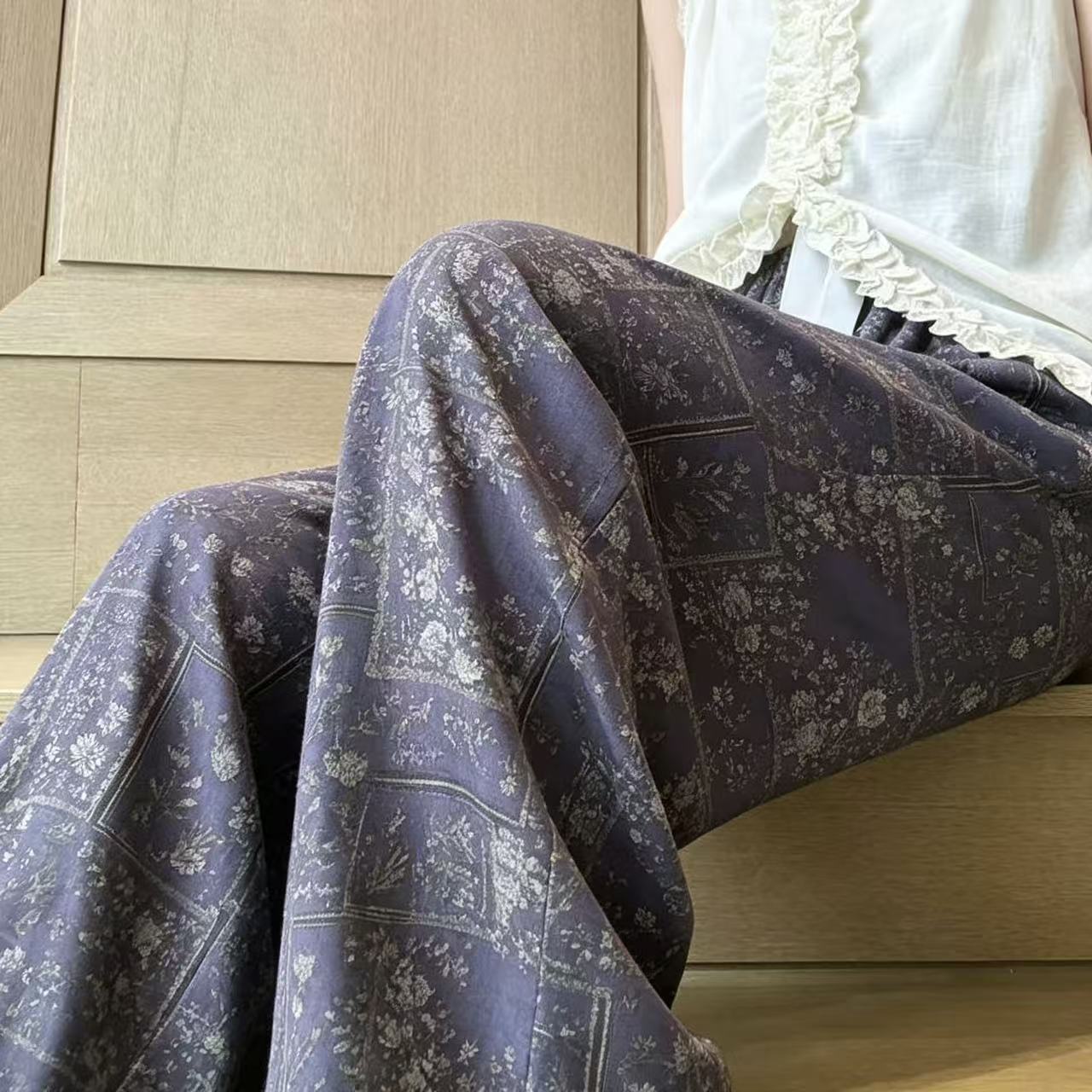 Cotton Poplin Printed Wide Leg Pants High Waist Thin Printed Pants Lon photo 6 (style 1688971390325314)
