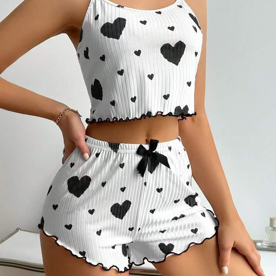AliExpress Summer New Women Knit Rib Pajamas 2 Pcs Heart Print Pure Ca photo 1 (style 984339042523)