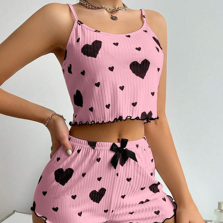 AliExpress Summer New Women Knit Rib Pajamas 2 Pcs Heart Print Pure Ca photo 3 (style 984339042523)