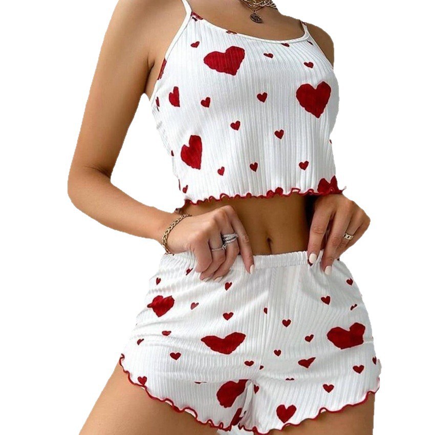 AliExpress Summer New Women Knit Rib Pajamas 2 Pcs Heart Print Pure Ca photo 5 (style 984339042523)