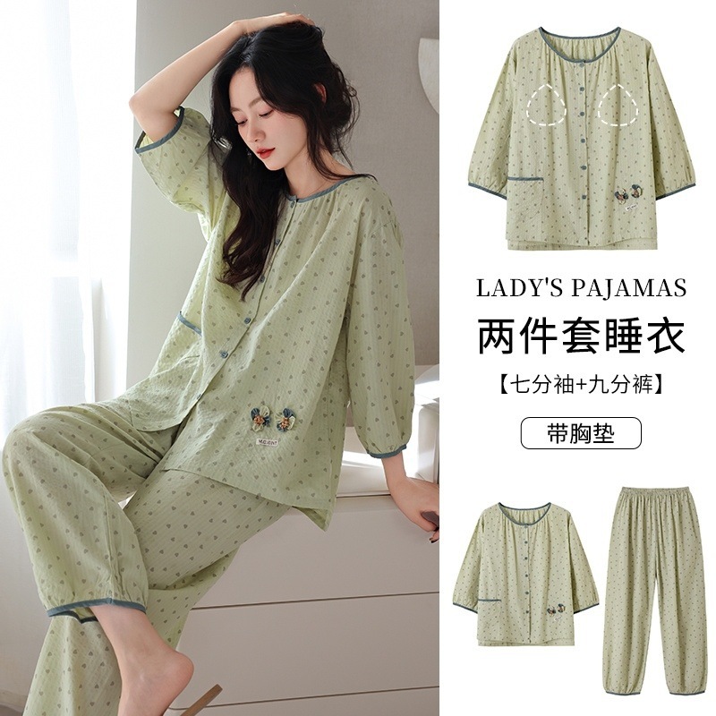 Woven Cotton Pajamas Women Summer With Pads Plaid Cardigan 7-Point Sle photo 3 (style 990843134296)