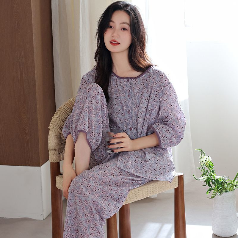 Woven Cotton Pajamas Women Summer With Pads Plaid Cardigan 7-Point Sle photo 7 (style 990843134296)