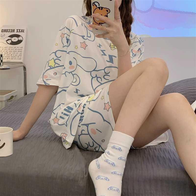 Summer Cotton Round Neck Homewear Women Short Sleeve Shorts 2 Pcs Brea photo 3 (style 10)